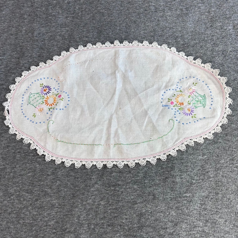 Vintage Hand Embroidered Floral Basket Oval Linen Doily Lace Trim Cottagecore